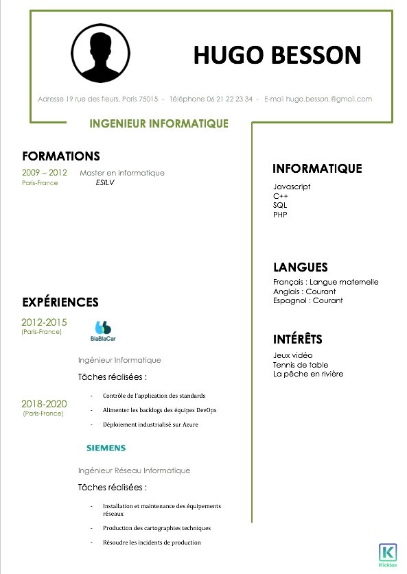 modèle CV ingénieur informatique