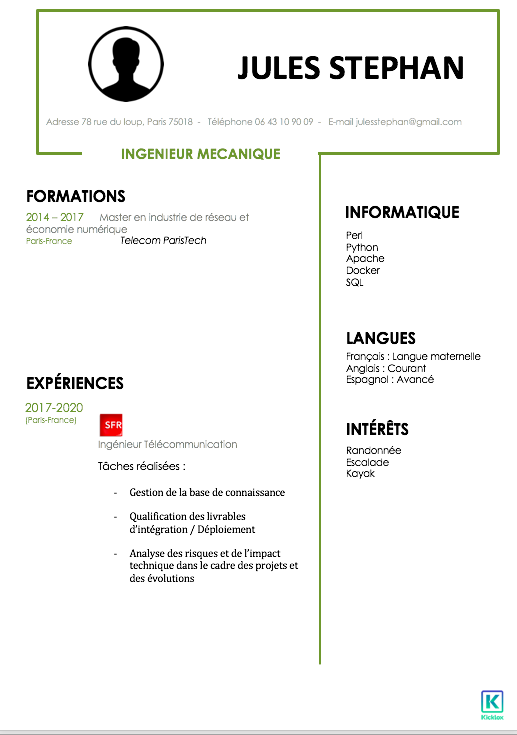 Modèle CV ingénieur télécom