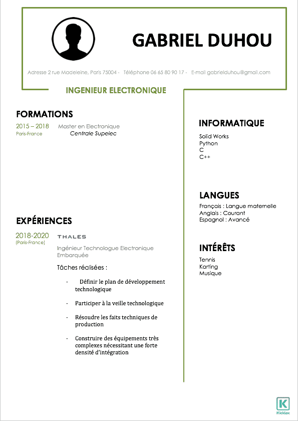 Modèle CV ingénieur électronique