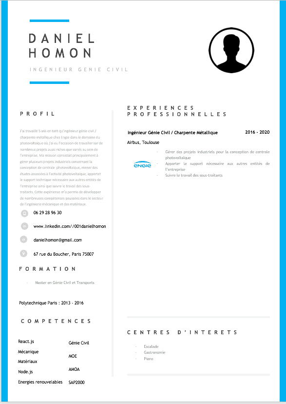 Modèle CV ingénieur génie civil