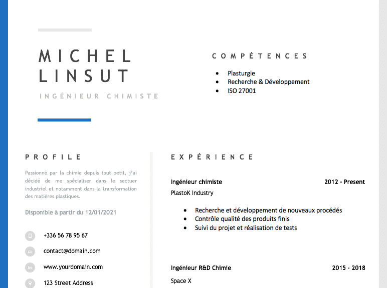 cv ingénieur en chimie