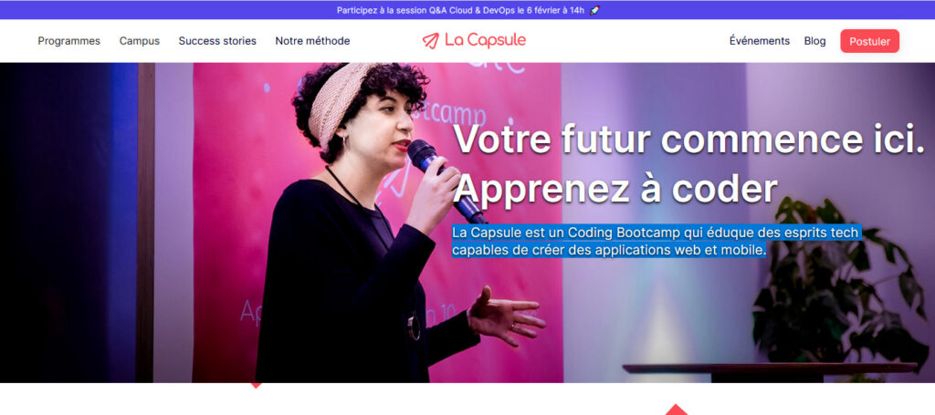 Homepage du bootcamp la capsule