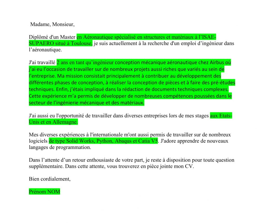 Lettre de motivation ingénieur aéronautique