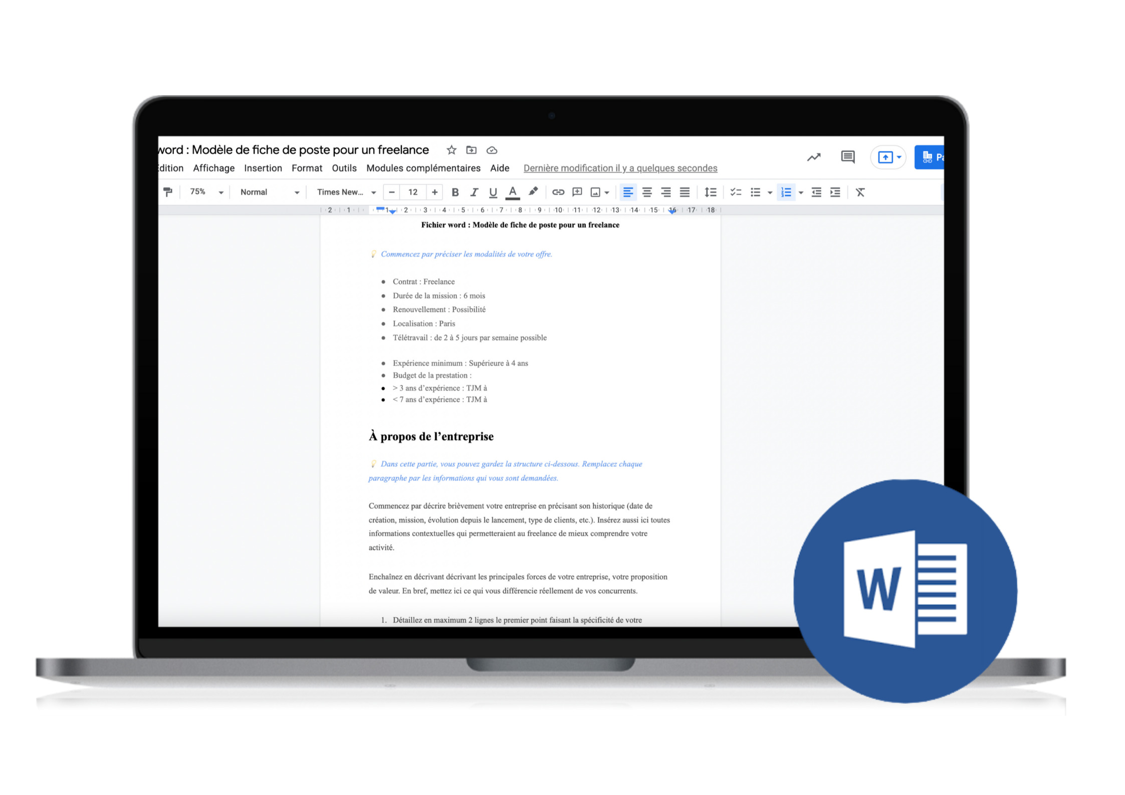 Fichier word : Modèle de fiche de poste pour un freelance