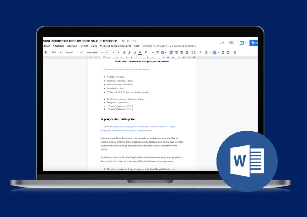 Fichier word : Modèle de fiche de poste pour un freelance