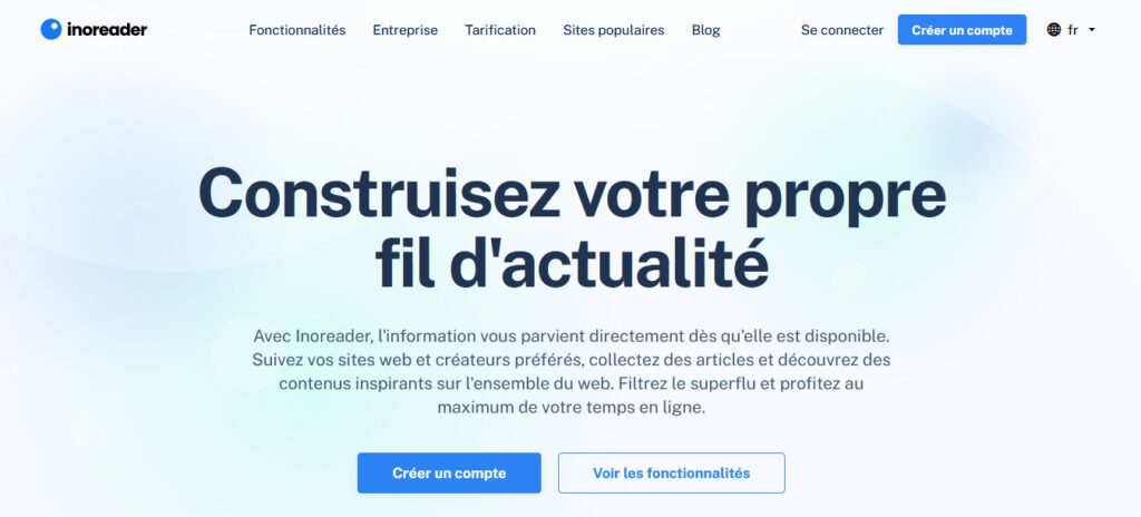 Homepage de l'outil de veille technologique inoreader