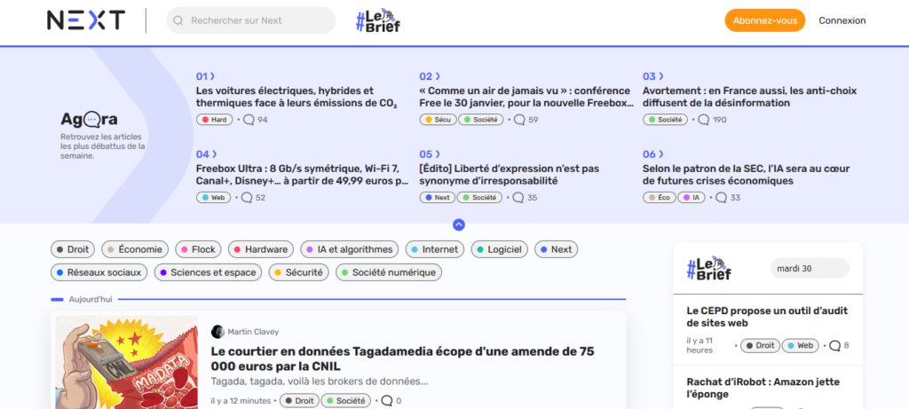 Homepage de l'outil de veille technologique next