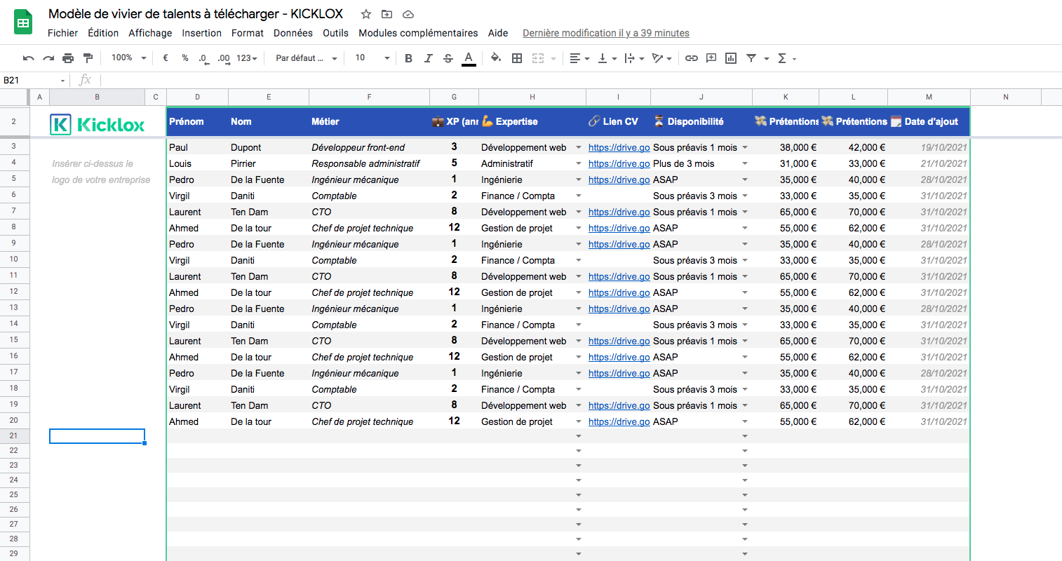 Tableau De Suivi Candidature Excel Gratuit Modèle de vivier de talents au format Excel - Kicklox