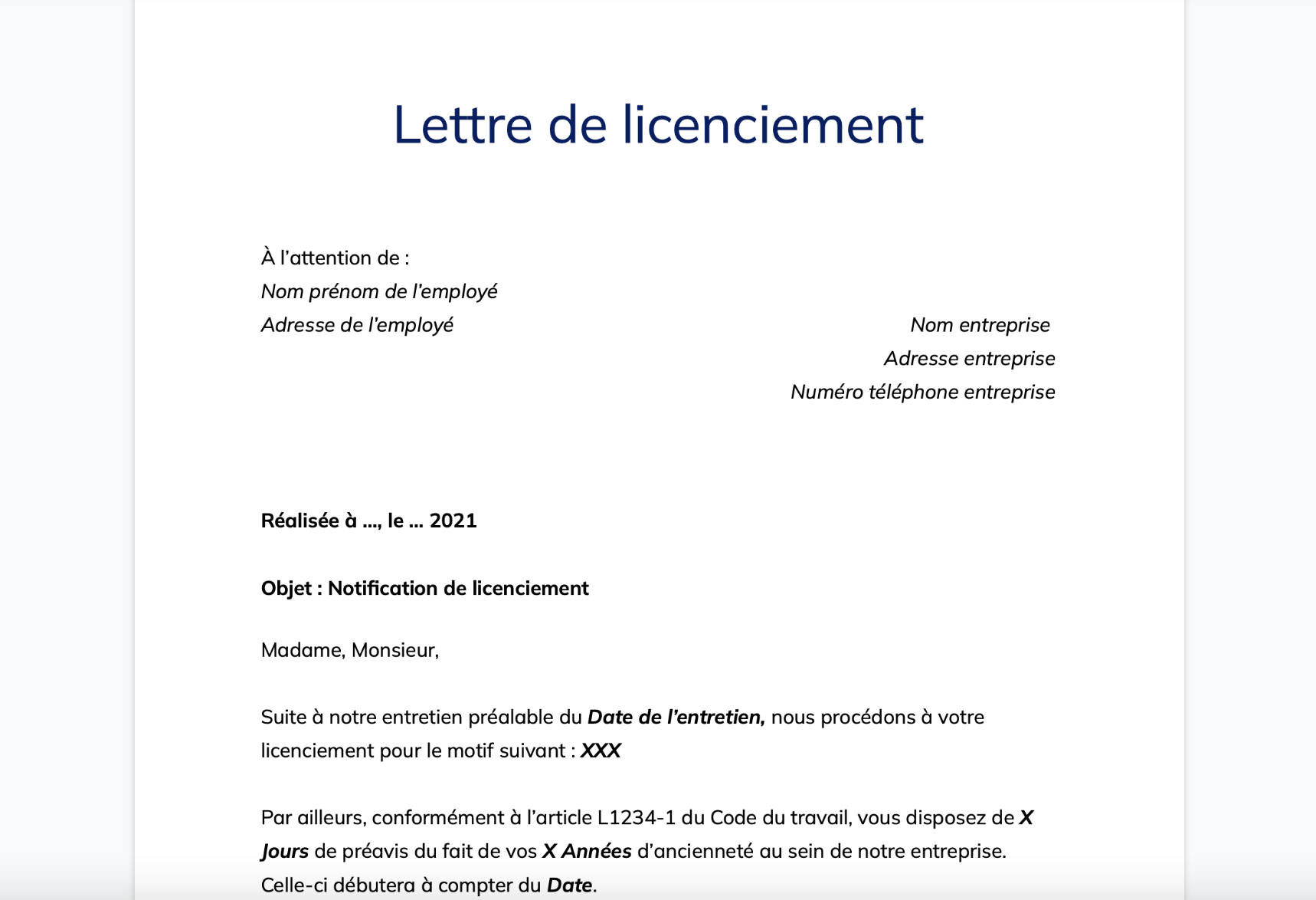 Lettre de licenciement