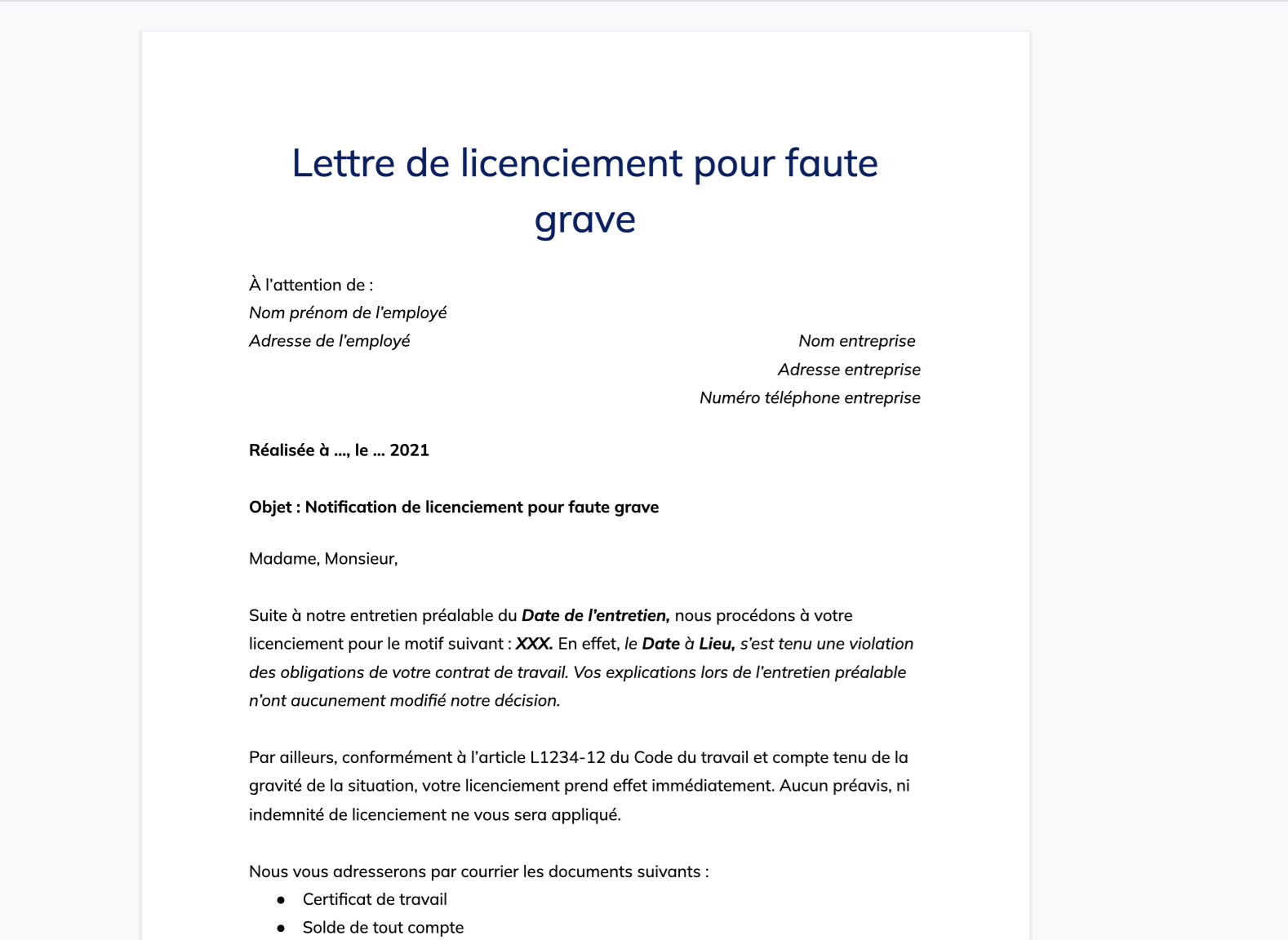 Modèle de lettre de licenciement pour faute grave