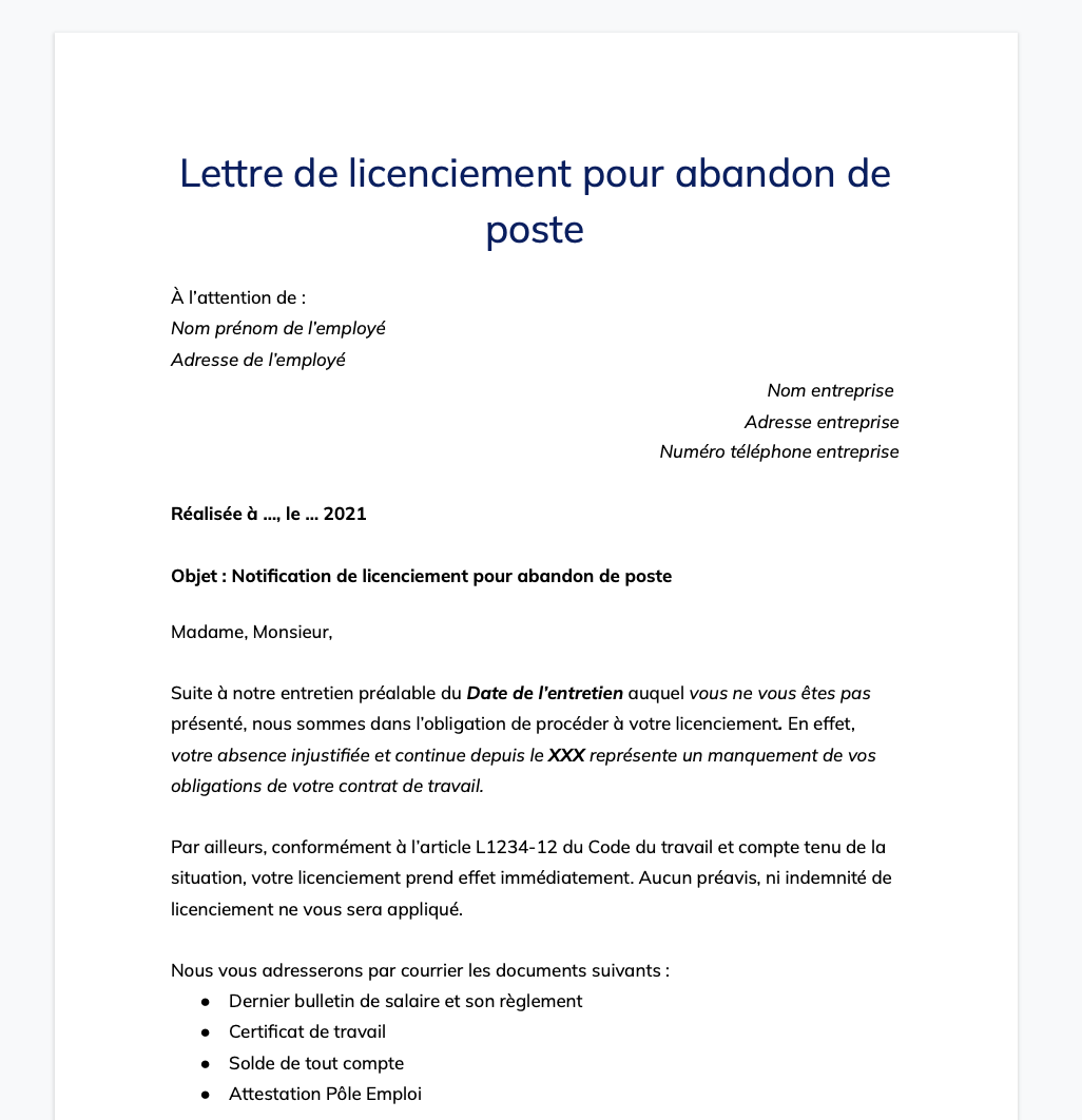 Modèle de lettre de licenciement pour abandon de poste