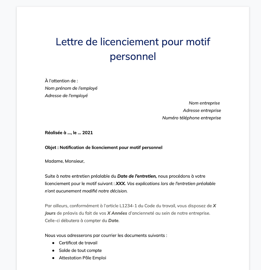 Modèle de Lettre de licenciement pour motif personnel