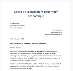 Modèle de lettre de licenciement pour motif économique