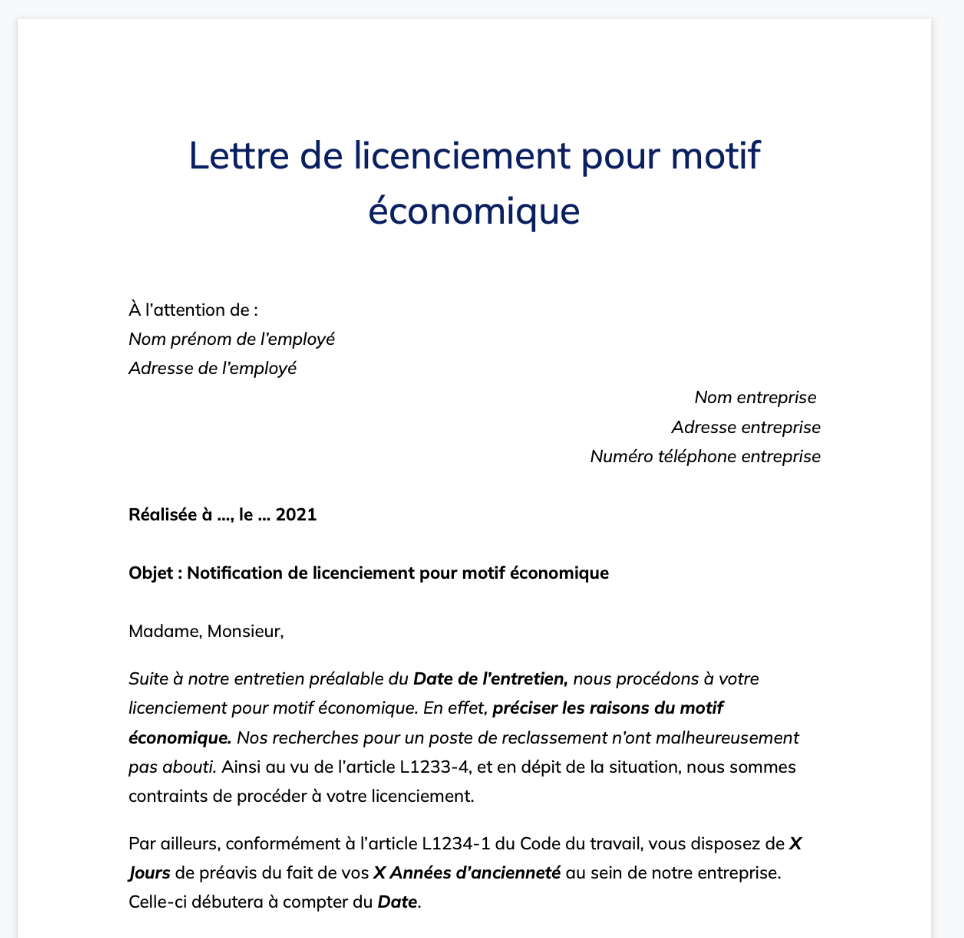 Modèle de lettre de licenciement pour motif économique