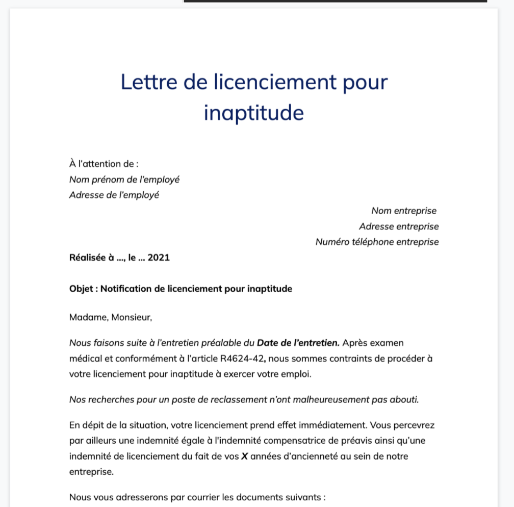 Modèle de lettre de licenciement pour inaptitude