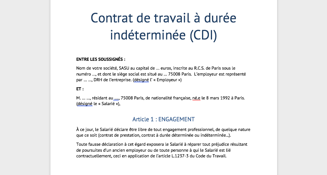 modèle de contrat de travail CDI