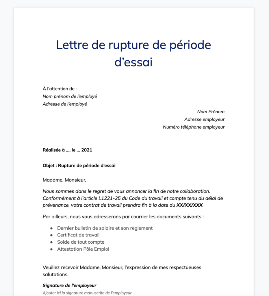 Lettre de rupture de période d'essai par l'employeur + Tout ce qu'il faut savoir