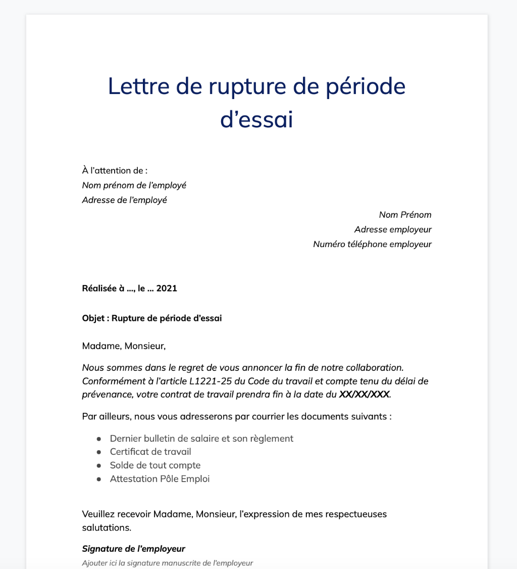 Lettre de rupture de période d'essai par l'employeur + Tout ce qu'il faut savoir