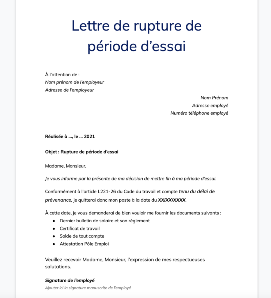 Lettre de rupture de période d'essai par le salarié + Tout ce qu'il faut savoir