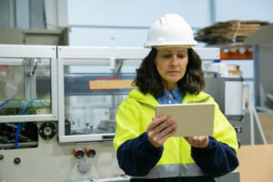 Ingénieur travaillant avec une tablette et portant un gilet jaune ainsi qu'un casque de chantier.