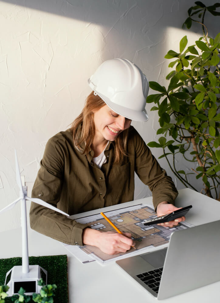 Femme ingénieure forestière avec un casque, tient son téléphone et un crayon face à son ordinateur. Fond blanc.