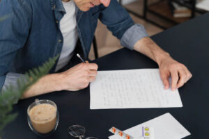 Jeune homme rédigeant une lettre de motivation sur une table noir.