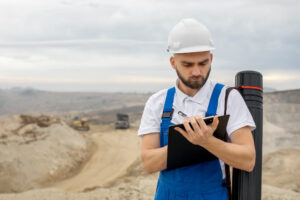 Ingénieur portant un casque blanc et écrivant sur une tablette dans un décor de désertique.