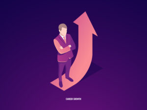Homme en costume violet et flèche violet à côté de lui.