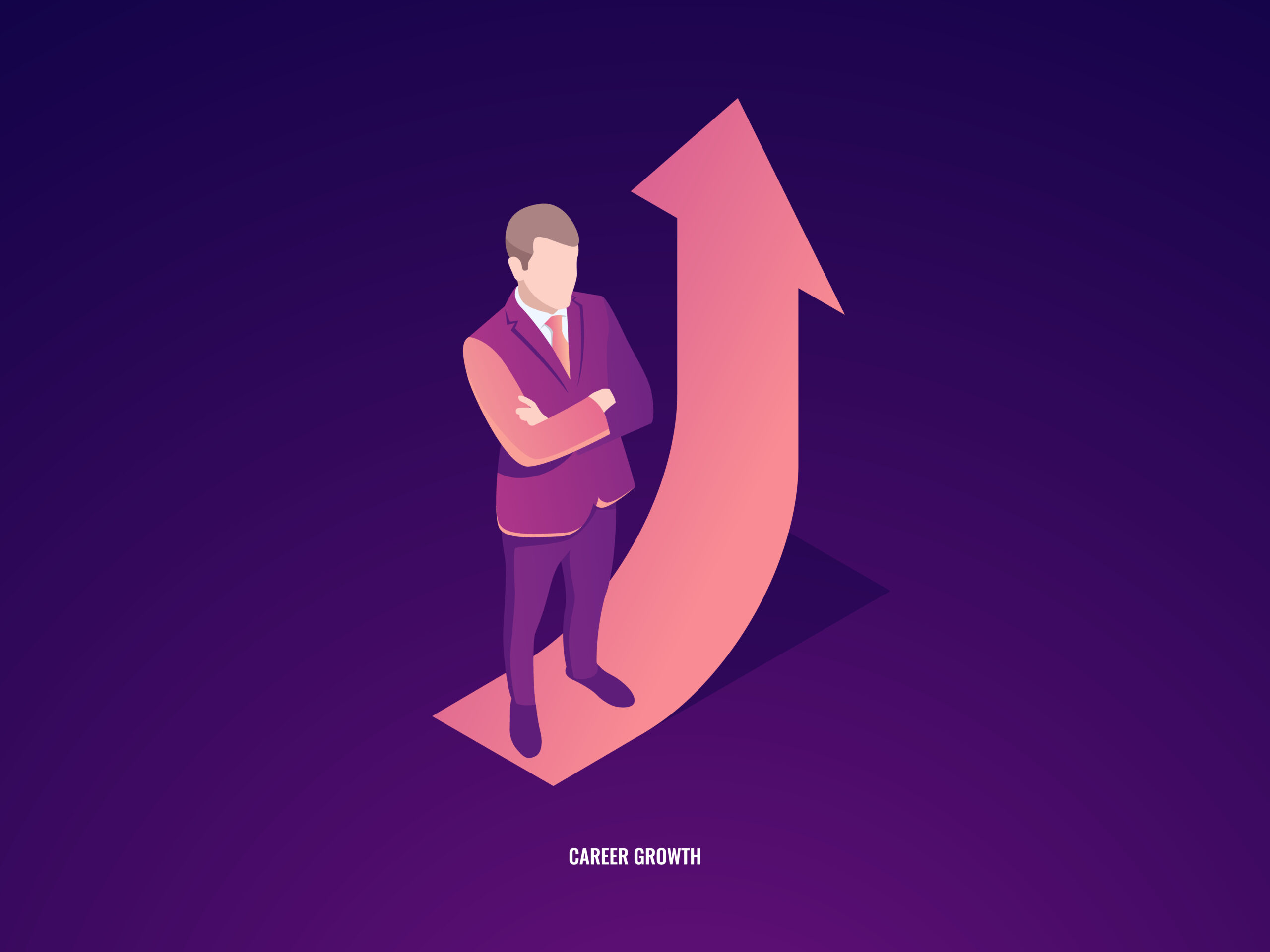 Homme en costume violet et flèche violet à côté de lui.